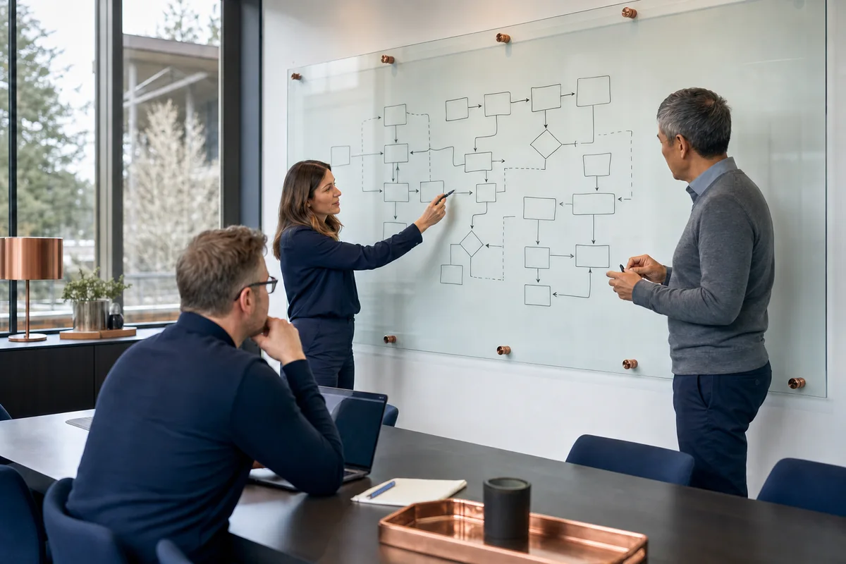 Team mapping a business workflow on a glass whiteboard